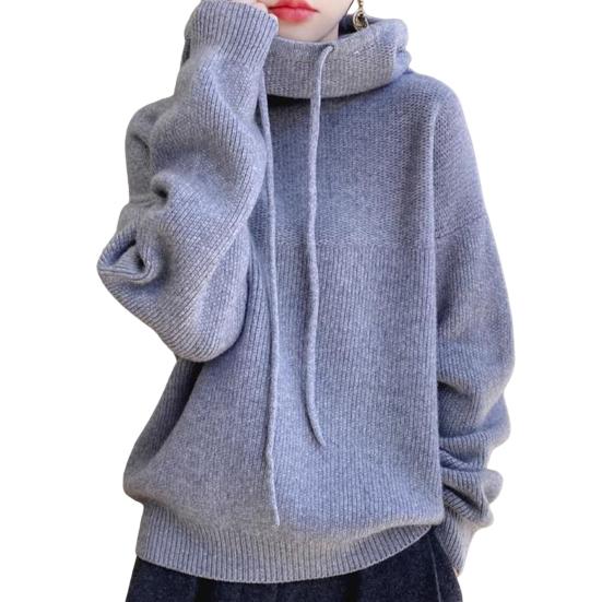 Women Sweater Pile Collar Drawstring Hooded Long Sleeve Knitting Tops Solid Color Casual Loose Fit Knitwear