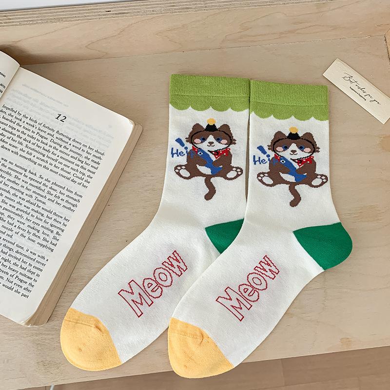 Осенние женские носки, носки до середины икры, махровые носки с мультяшным котом, студенческие носки для женщин