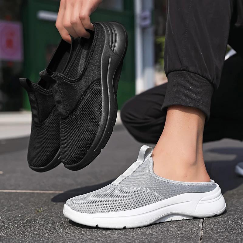 Fashion Mens Half Slippers Summer Breathable Mesh Mens Shoes Outdoor Casual Walking Shoes Large Flat Light Mesh Slippers Sandals