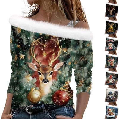 Женские топы с длинными рукавами. Модные женские свободные пуловеры с открытыми плечами с рождественским принтом.
