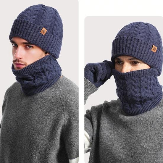 3Pcs/Set Men Hat Scarf Gloves Set Solid Color Twist Texture Brimless Hat Neckerchief Knitting Gloves Set Winter Accessories