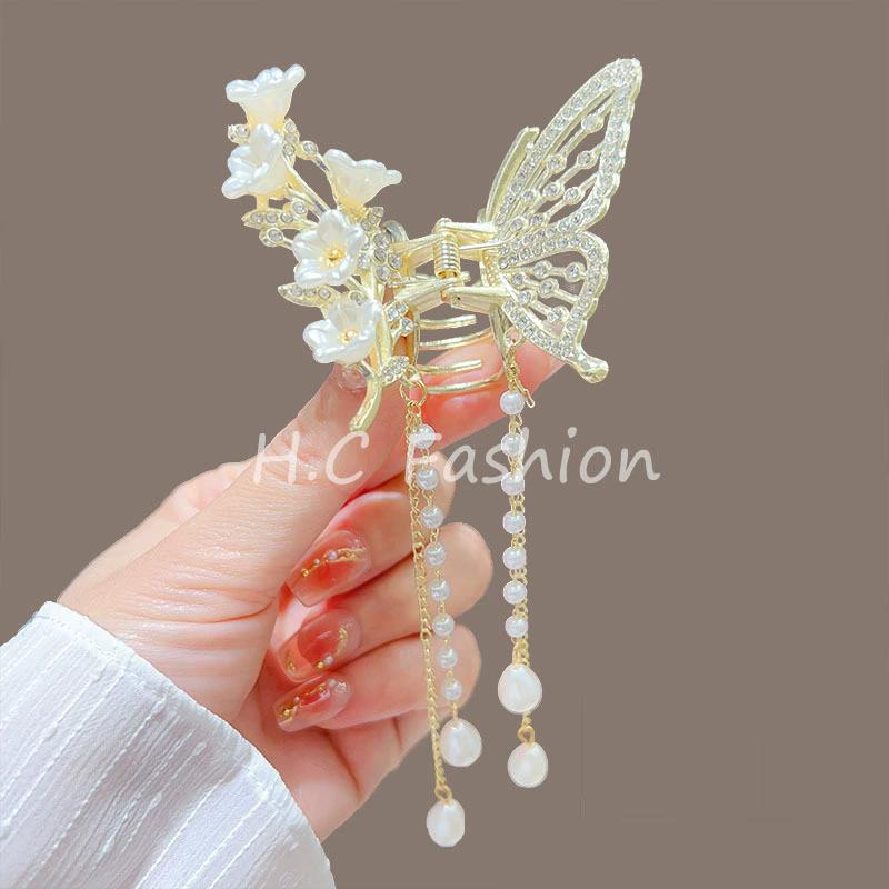 Tassel Butterfly Pearl Hair Clip Women Hair Claw Hairpin Hair Crab Hairaccessory