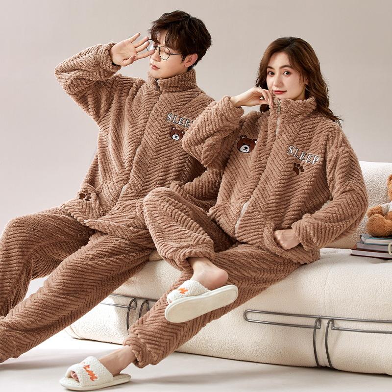 Парный комплект пижамы из кораллового флиса с рисунком - мужская и женская фланель на молнии для осени/зимы