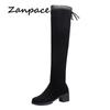 2019 Flock Thigh High Boots High Heels High Heels с бархатной подошвой, женские зимние повседневные сапоги выше колена на эластичной подошве