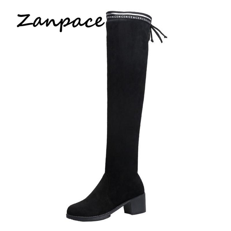 2019 Flock Thigh High Boots High Heels High Heels с бархатной подошвой, женские зимние повседневные сапоги выше колена на эластичной подошве