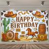 Western Cowboy Happy Birthday Photography Backdrop Cactus Horse Cowboy Hat Rustic Farm Themed Birthday Party Photo Decor