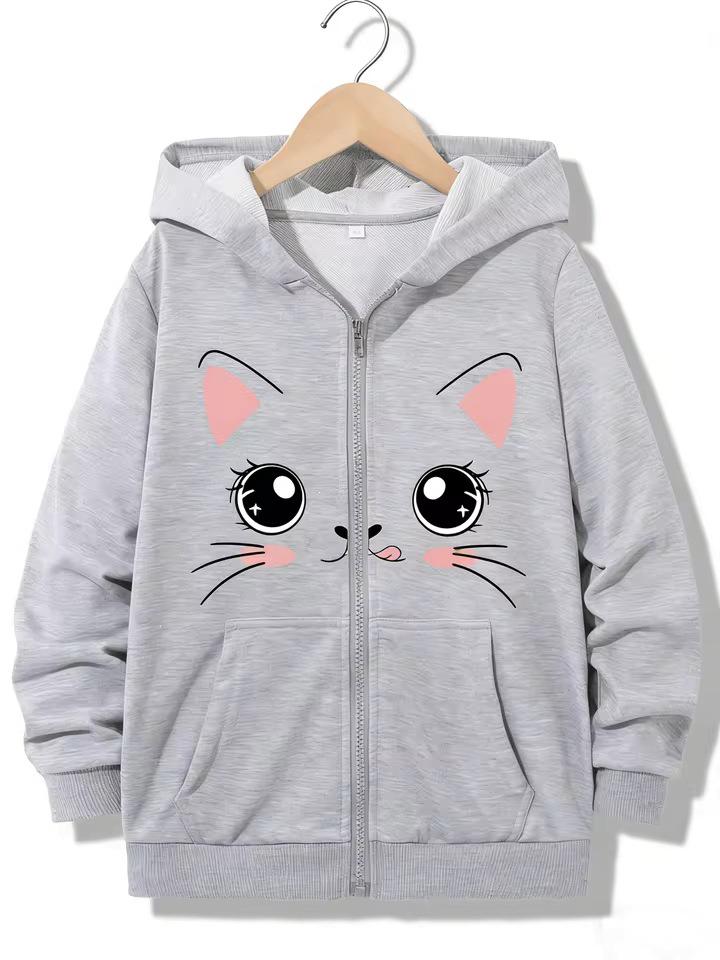 Милый Худи на молнии с принтом Терьер-Кошка - Повседневный стиль Y2K для мальчиков и девочек
