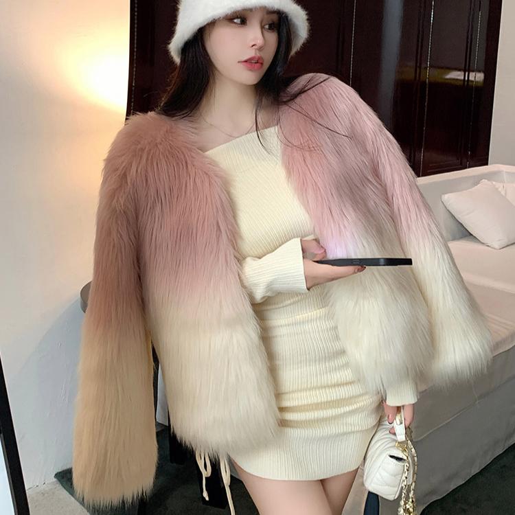 Женская мода градиент цвета искусственного меха пальто осень зима элегантная теплая верхняя одежда женские куртки из искусственного меха