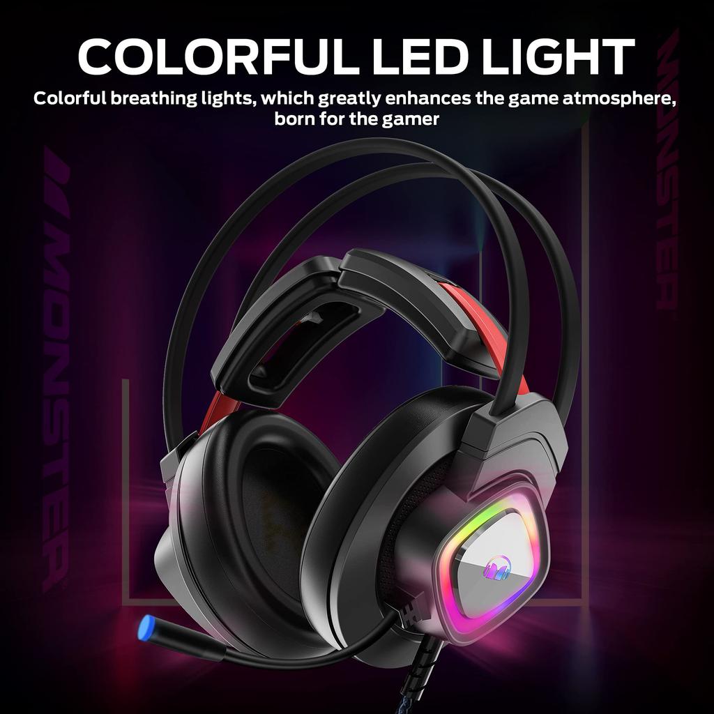 Monster Mission Bot Gaming Headset PC Gaming Headphones with Noise Canceling Mic Colorful RGB Lights Adaptive Suspension Headband Compatible with One