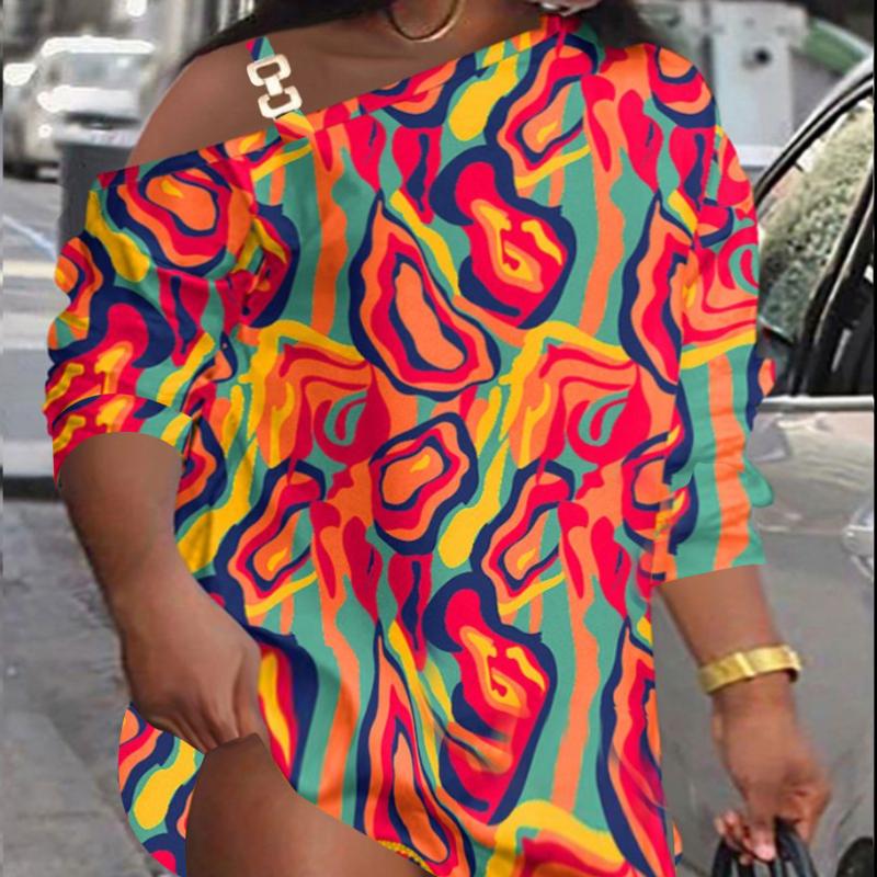 Women's Autumn Printed Metal Buttons Slant Shoulder Neck Button Dresses