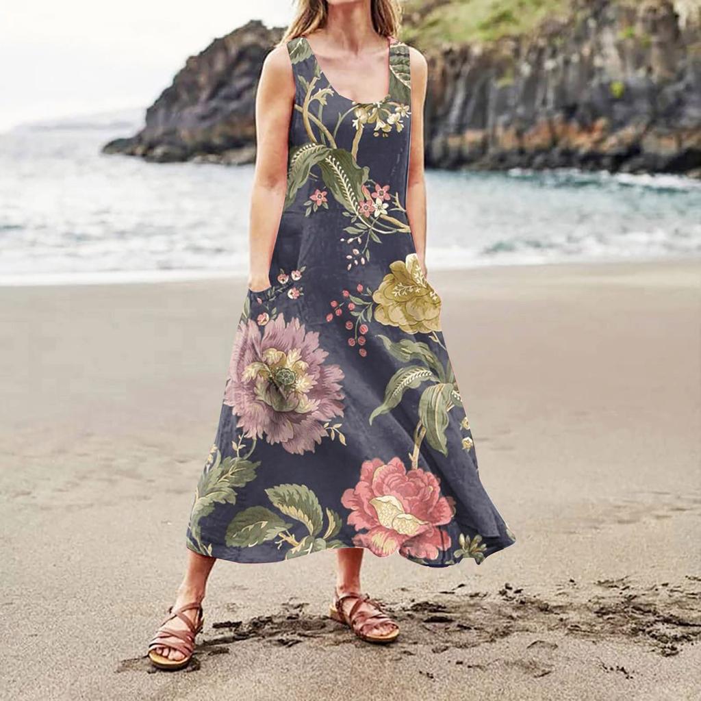 Женское повседневное удобное хлопковое карманное платье без рукавов с градиентным принтом