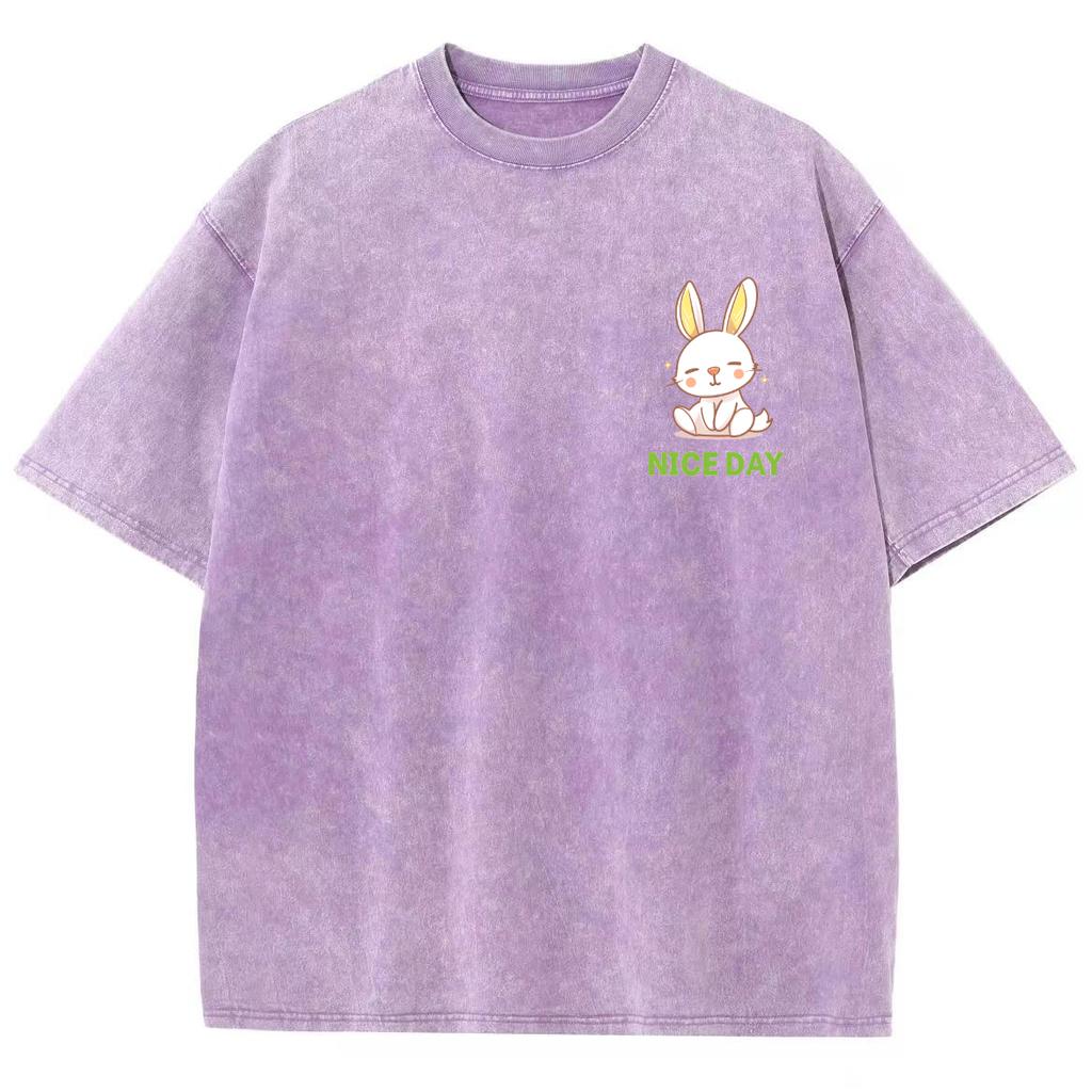 Cute Girly Cartoon Bunny Print Women's T-Shirt Loose Washed Cotton Multicolor Short Sleeve Casual Fashion