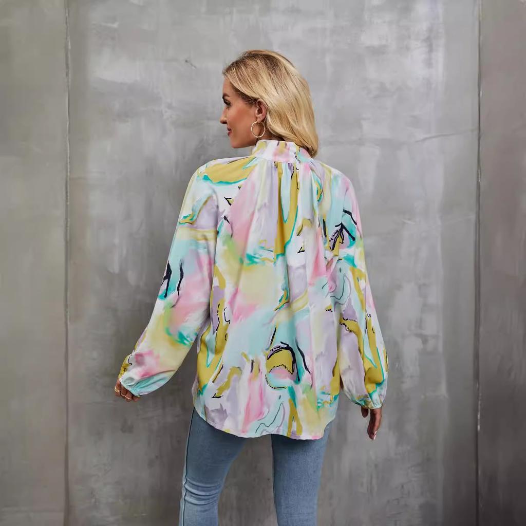 Женская рубашка с цветочным принтом, рубашка на пуговицах с высоким воротником и длинным рукавом, повседневная модная свободная осенняя юбка, дышащий легкий удобный топ