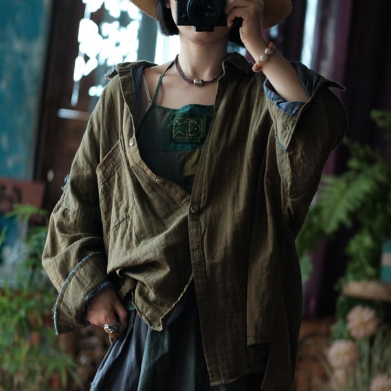 Johnature Women Vintage Bat Sleeve Shirts Tops Button Autumn Blouses Turn-down Collar Chinese Style Shirts