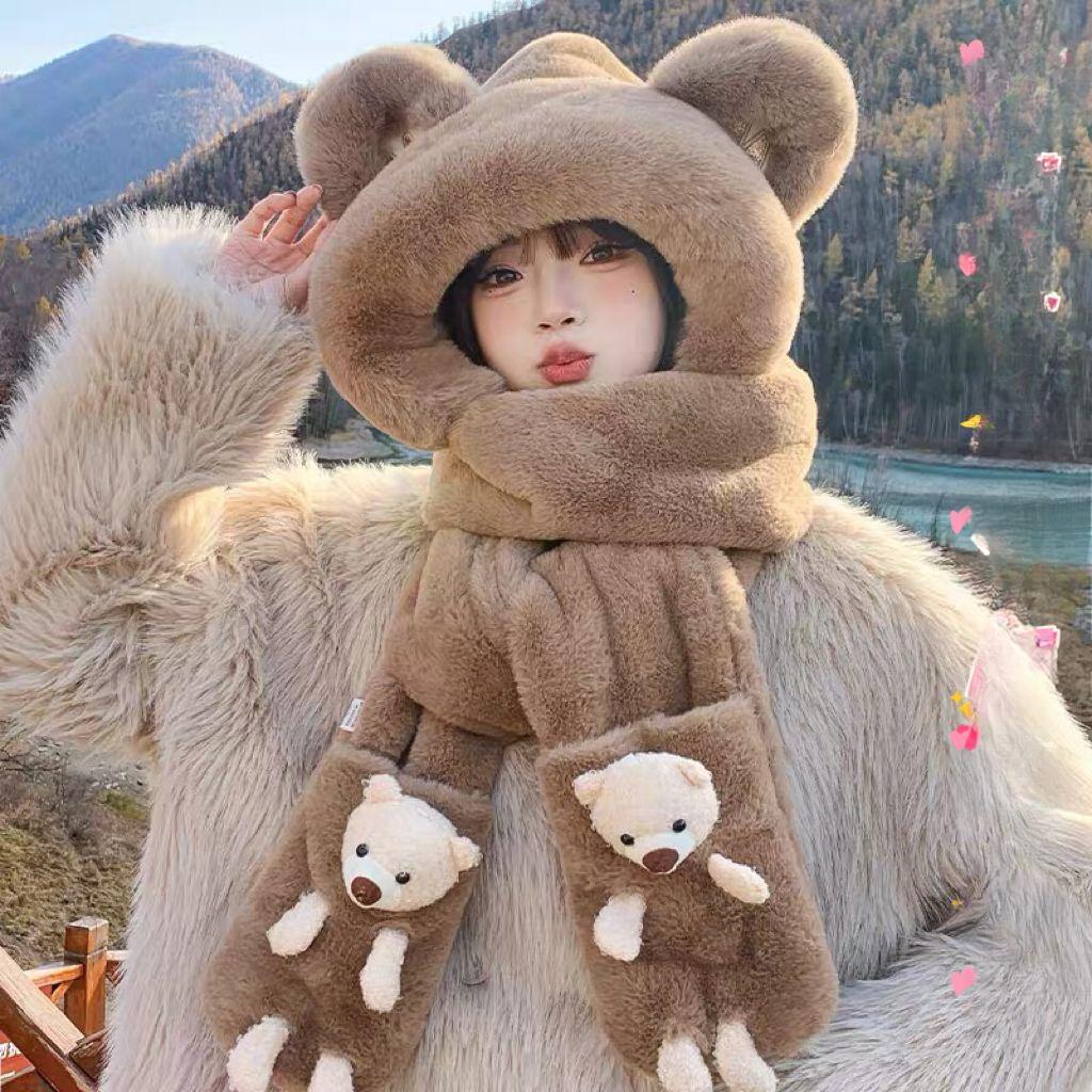 Шапка-медведь Зима Осень Зима Милые перчатки Шарф Плюшевый теплый комплект из трех предметов Нагрудник с капюшоном Защита ушей