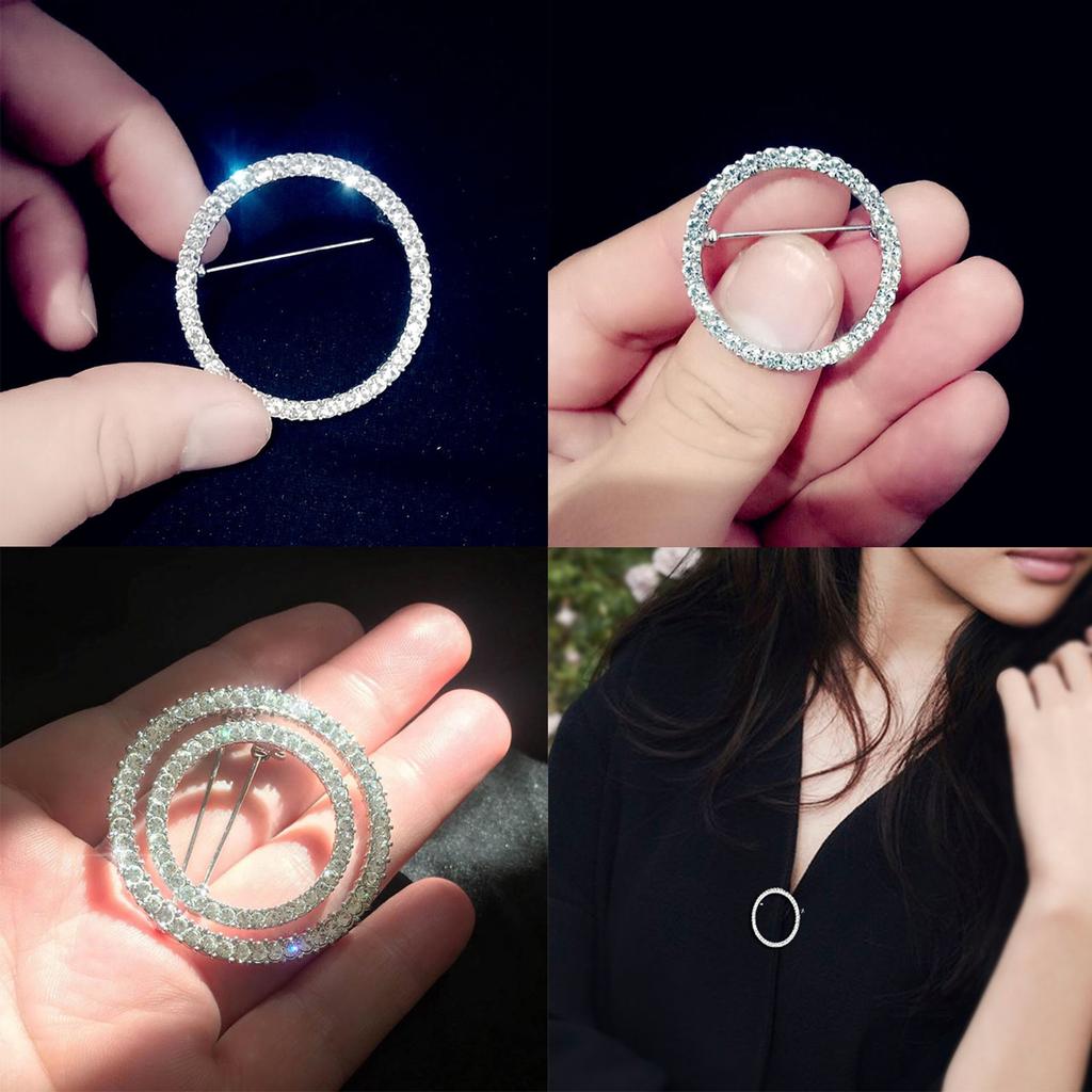 Set of 2 Delicate Alloy Breastpin with Dazzling Crystals Round and Heart Shaped Lapel Pin Women Badge Elegant Accessory