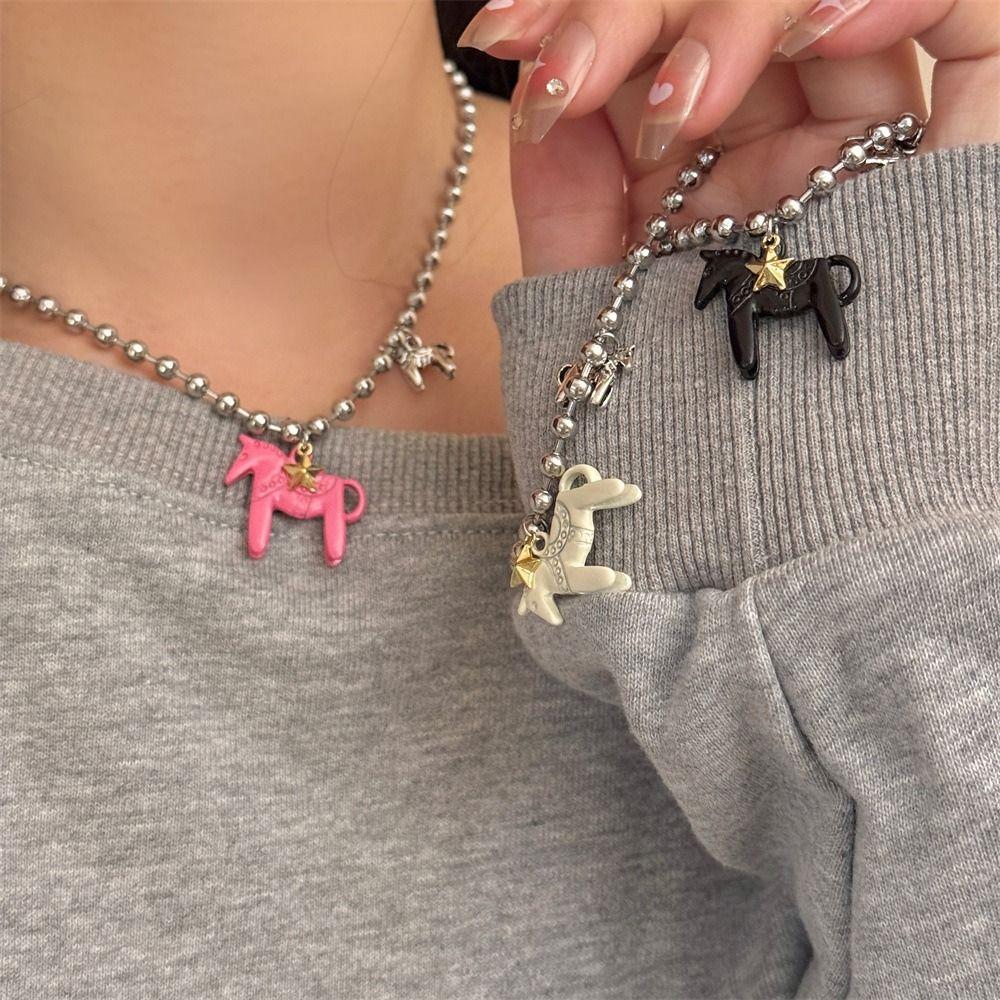 White Horse Pendant Necklace Alloy Beads Neck Chain Funny Choker Necklace for Women