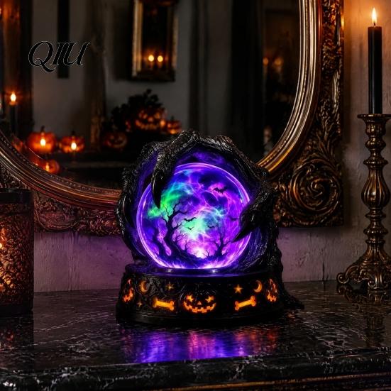 Decorative Window Ornament LED Lighted Halloween Faux Crystal Ball Decoration, Resin Witch/Skeleton/Cat/Ghost Figurine with Detailed Claw Bone