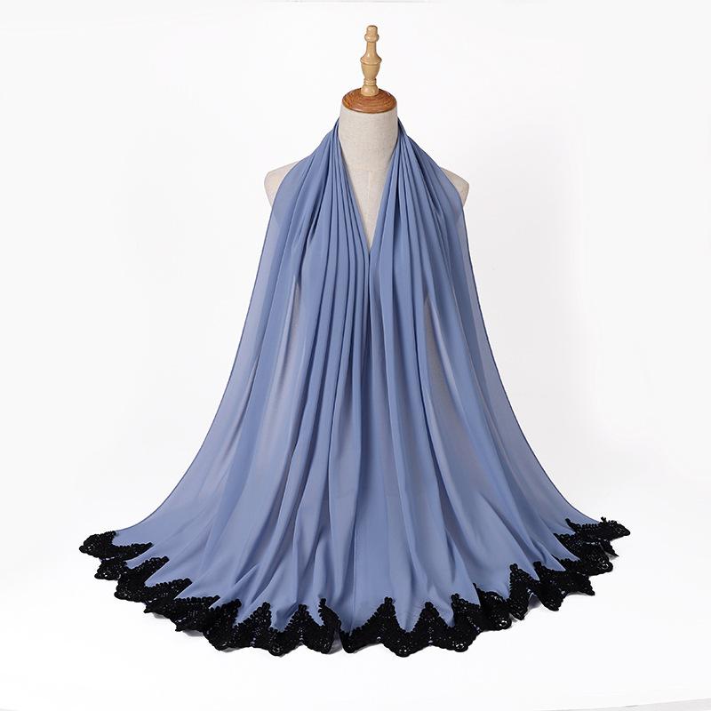 Новый жемчужный шифон Малайзия Мода Черные кружевные шарфы Мусульманский шаль Однотонный мягкий тюрбан Повязки на голову