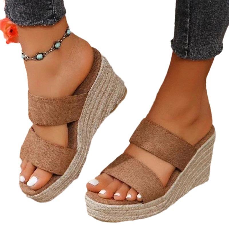 Сандалии женские, летняя модная верхняя одежда, женские сандалии на наклонном каблуке с пеньковой подошвой, тапочки, толстая подошва