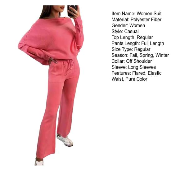 2 шт./комплект женский топ брюки комплект с открытыми плечами длинный рукав летучая мышь толстовка эластичный пояс расклешенные спортивные штаны спортивный наряд осенний повседневный спортивный костюм