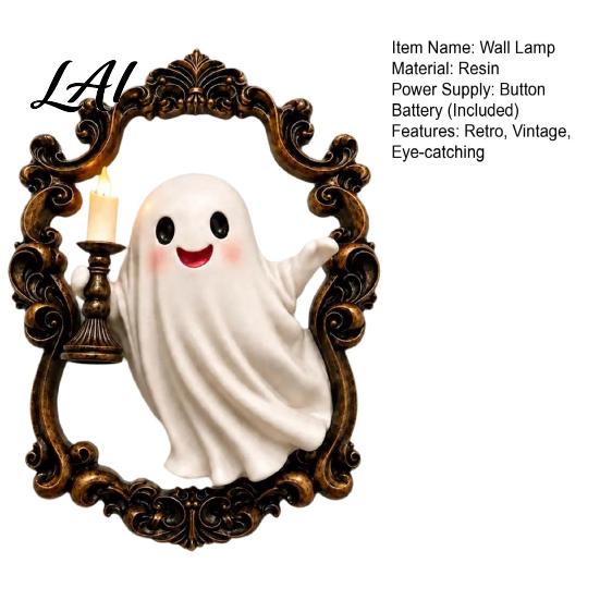 Unique Housewarming Gift Halloween Ghost Wall Lamp Gothic Resin 3D Frame Art Retro Creative Present Vintage Sculpture with LED Candle for