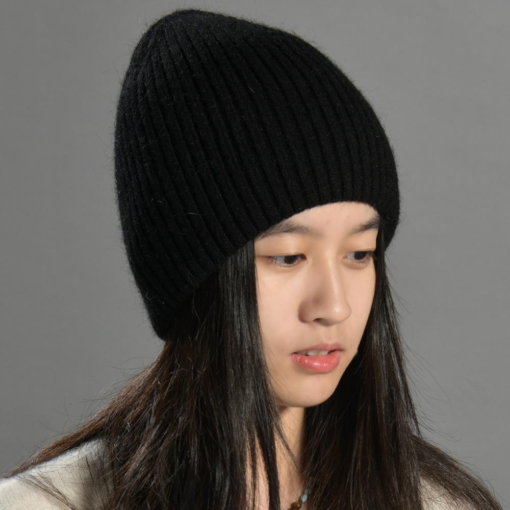 Solid color knitted hat European and American fashion rabbit down straight cold hat simple men's and women's versatile soft waxy double-layer warm woo