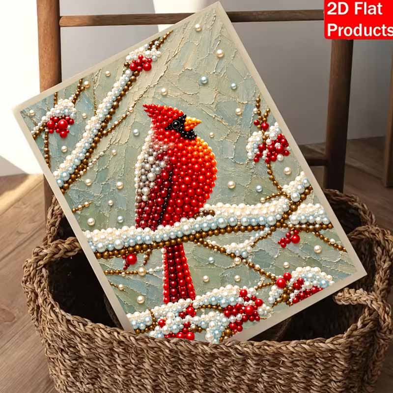 DIY Pearl and Diamond Painting Kit. suitable for beginners. Red Cardinal Bird Winter Branch home wall decoration. handmade gift.
