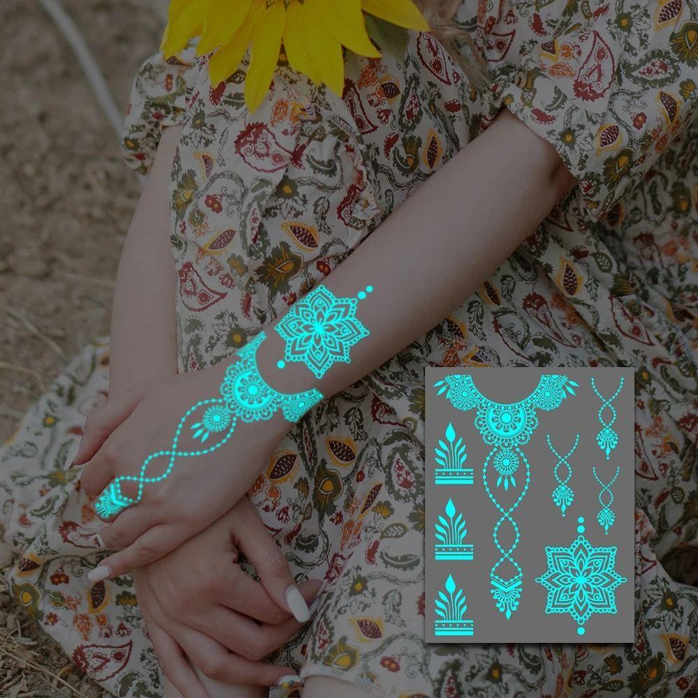 6 Sheets Lasting Henna Tattoo Stickers Blue Luminous Lace Fake Tattoos  Hand Finger
