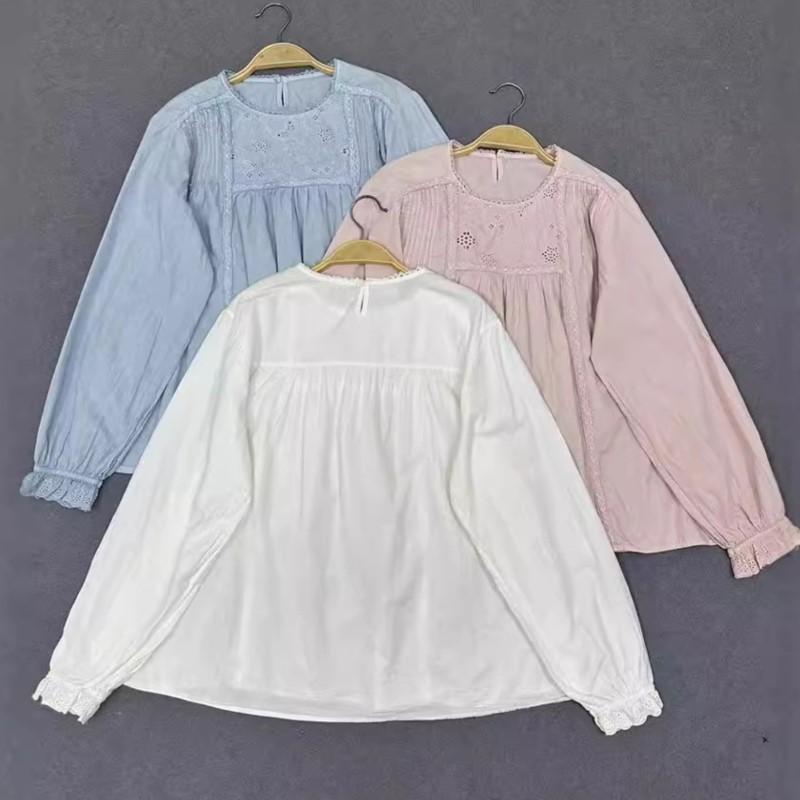 Johnature Лесные кружевные однотонные рубашки осенние вышитые тонкие женские повседневные простые свободные базовые топы