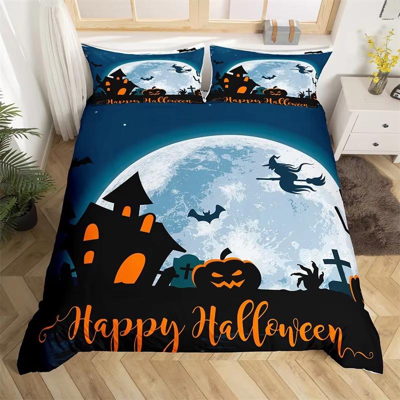 Детский набор пододеяльника с тыквенным фонарем Твин Кинг Хэллоуин Постельное белье Набор из микрофибры Ведьма Мистика Кладбище Принт Пододеяльник