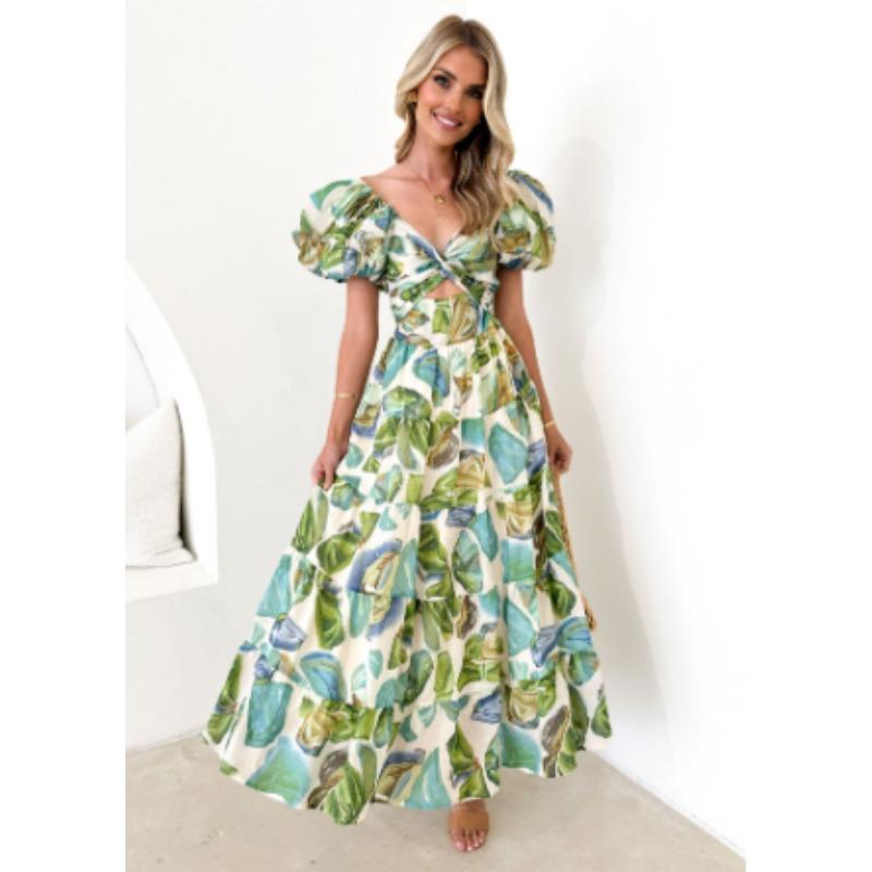 Spring/summer New Temperament Slim-fit Print Puffed Sleeves Swing High-end Dress Woman Vacation Style Beach Style
