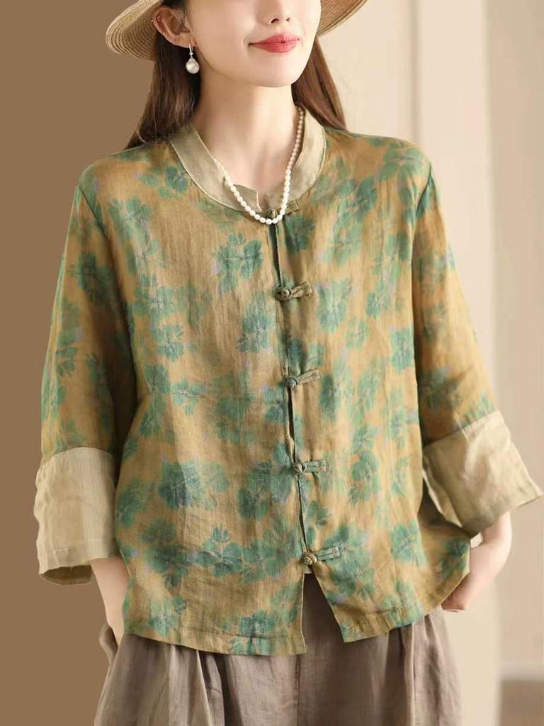 Johnature Women Chinese Style Print Floral Shirts Button Seven Sleeve Tops Summer Stand Vintage Women Blouses