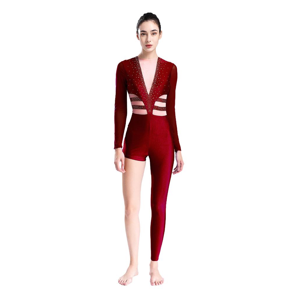 Womens Dance Jumpsuit Sheer Mesh Inserts Long Sleeve Style Keyhole Back Detail Sparkling Rhinestones Bodysuit