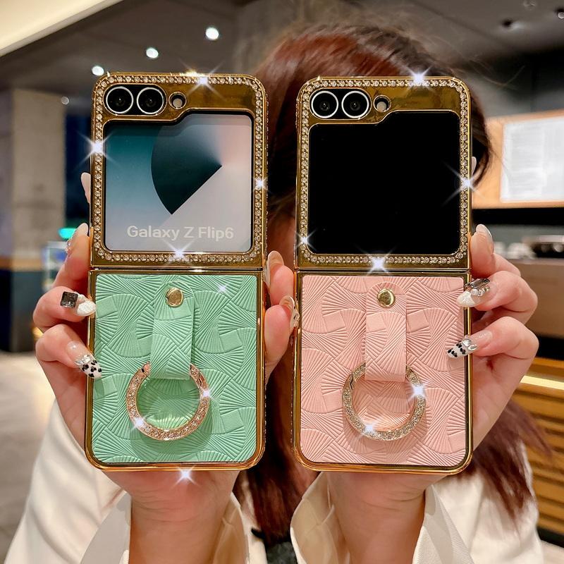 Luxury Solid Color Leather Plating 2pcs Phone Case For Samsung Galaxy Z Flip6 Flip5 Flip4 Flip3 Diamond Frame Shockproof Metal Ring Folding Cover