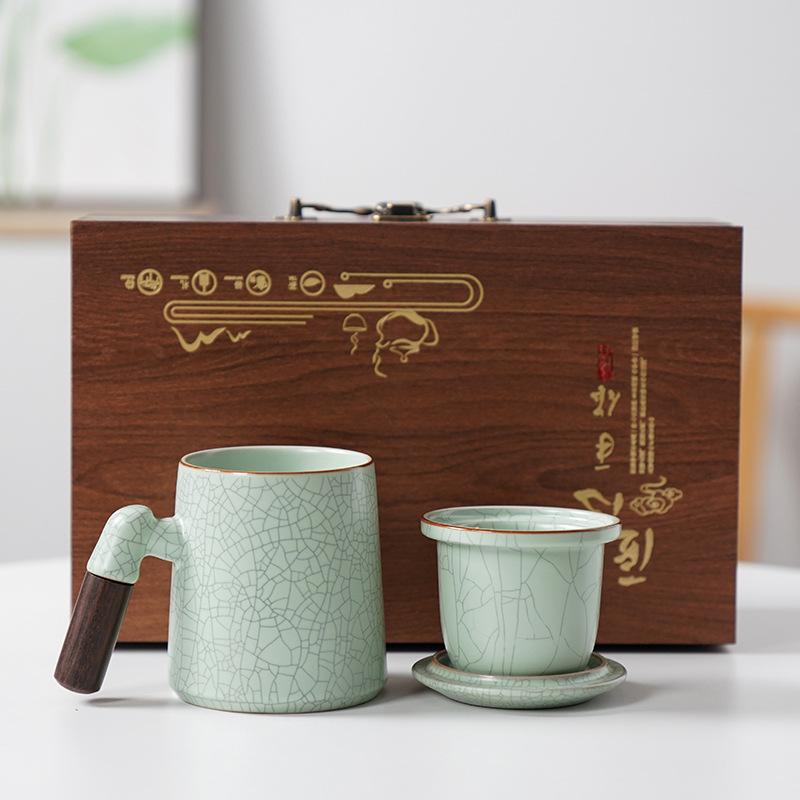 Ru kiln mug ceramic filter three-piece set personal cup water cup tea separation office cup ceramic gift