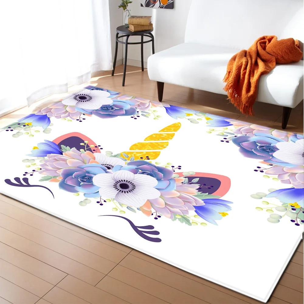 Kids Cartoon Unicorn Carpet Fantasy Animal Crawling Mat Doormat Living Room Area Rug Rainbow Shiny Girls Bedroom Soft Floor Mats