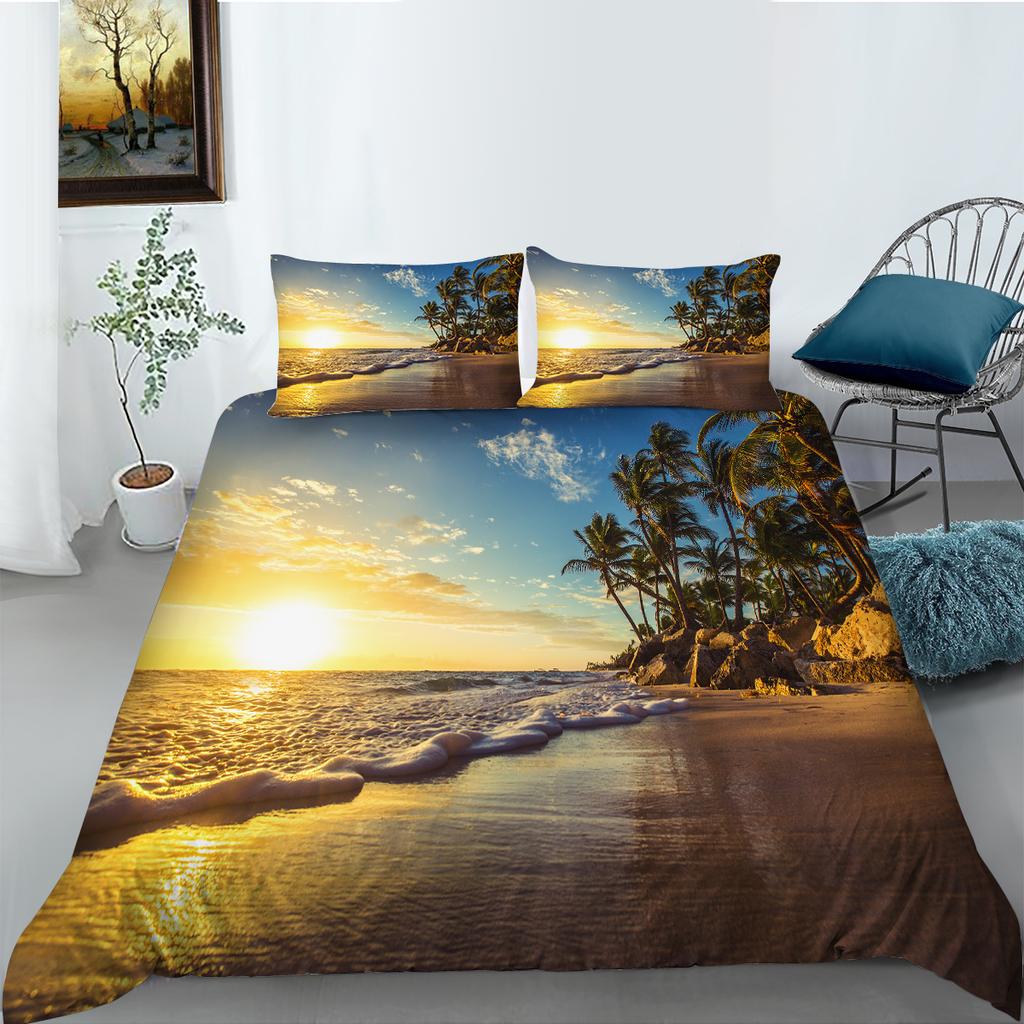 Постельное белье с рисунком 3D-пейзажа, односпальная двуспальная кровать, полноразмерная наволочка и пододеяльник, печать с изображением моря и растений, украшение дома из материала из микрофибры