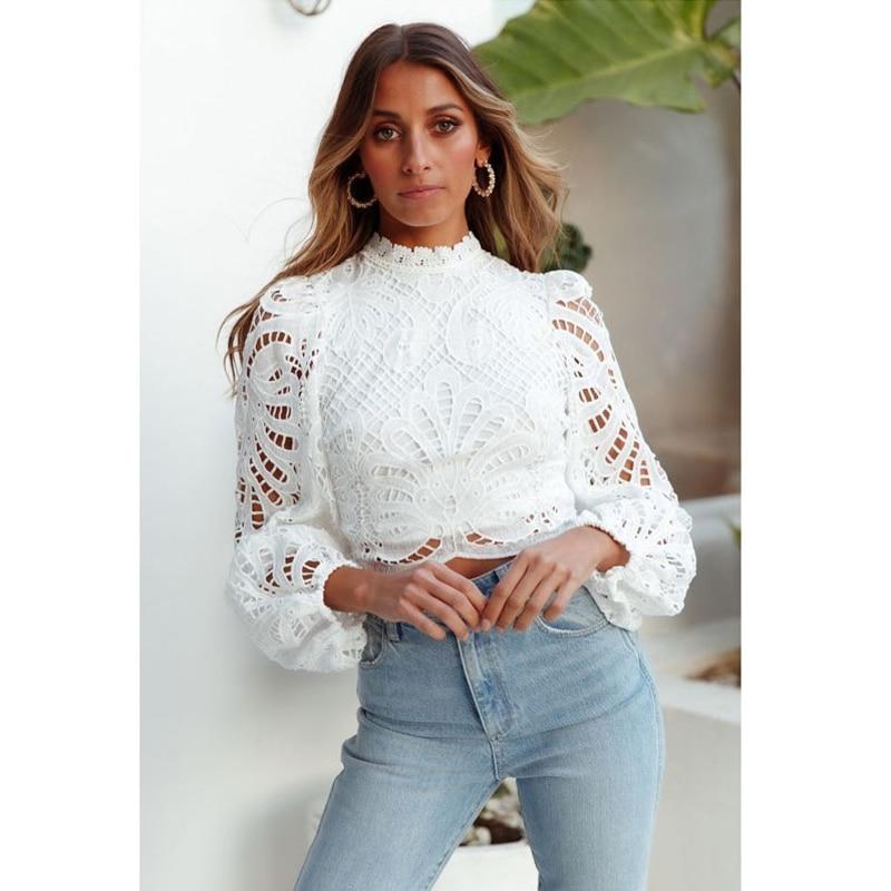 Sexy Long Sleeve Lace Blouse Women Tops Casual White Crochet Hollow Out Cropped Womens Shirt Turtleneck Female Blusas 16296