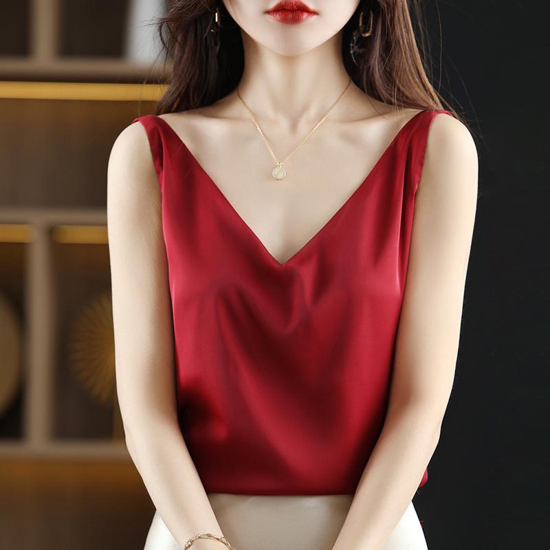 Женская летняя шелковая майка, атласный топ с V-образным вырезом, уникальный базовый слой.
