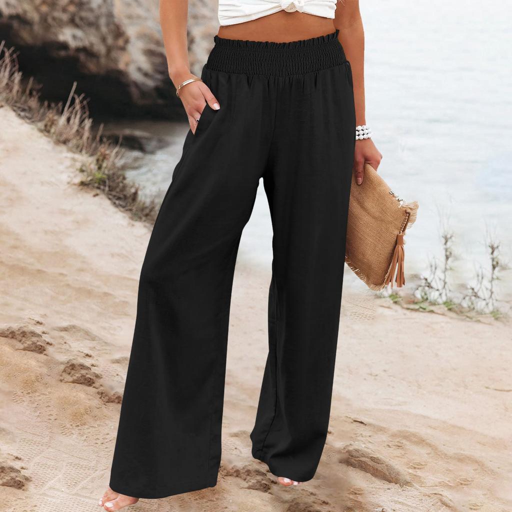 Summer Cotton Linen Wide Leg Pants Women Loose Palazzo Pant Pocket Elastic Waist Casual Pants
