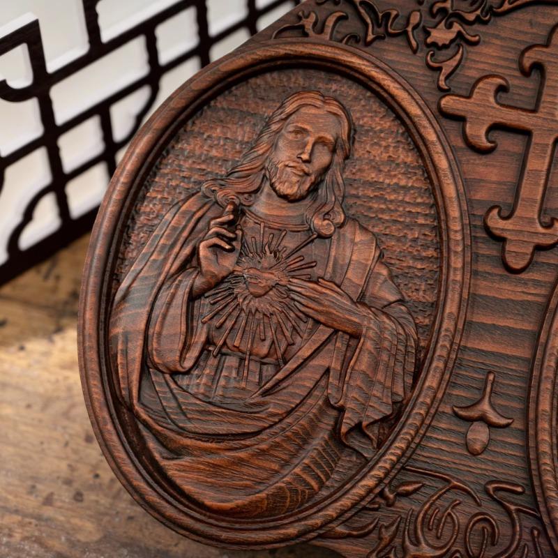 Священное Сердце Иисуса и Сердце Марии Иисус Христос Настенный декор Религиозная святая статуя Резьба по дереву Поделки Католический рождественский подарок