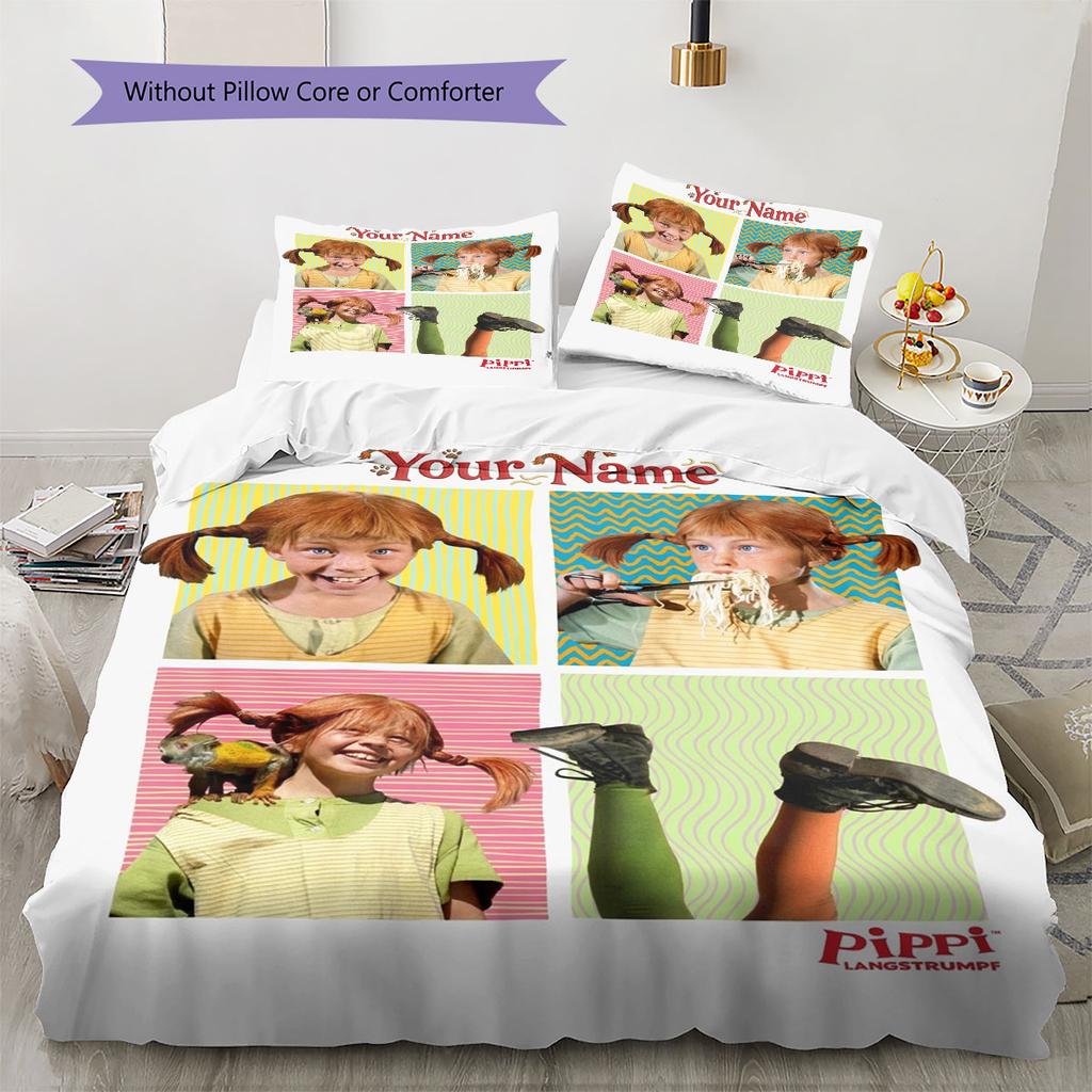 Pippi Longstocking Custom Name Pattern Bedding,Quilt Set Quilt Cover Pillowcase Home Birthday Gift(1 * duvet cover + 2 * pillowcase, without core)