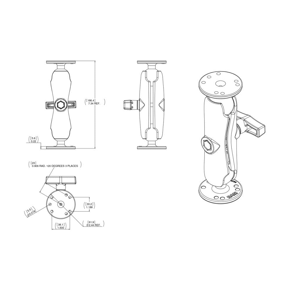 RAM MOUNTS RAM-101U Набор с 2 круглыми основаниями и стандартным рычагом Шаблон отверстий AMPS 1,5" шар Черный