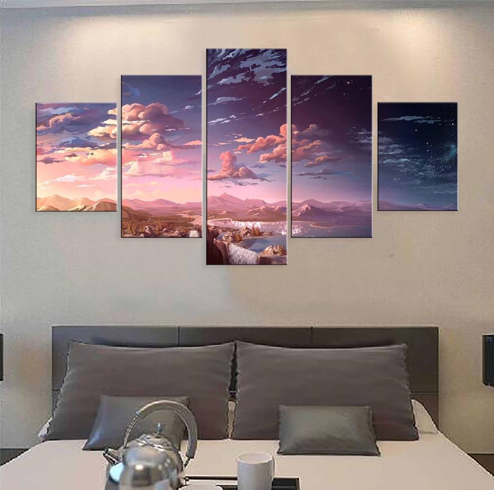 Wall Art Printed Pictures Home Decor 5 Pieces Anime Landscape Waterfall Cloud Painting Modular Living Room Cartoon Anime Canvas
