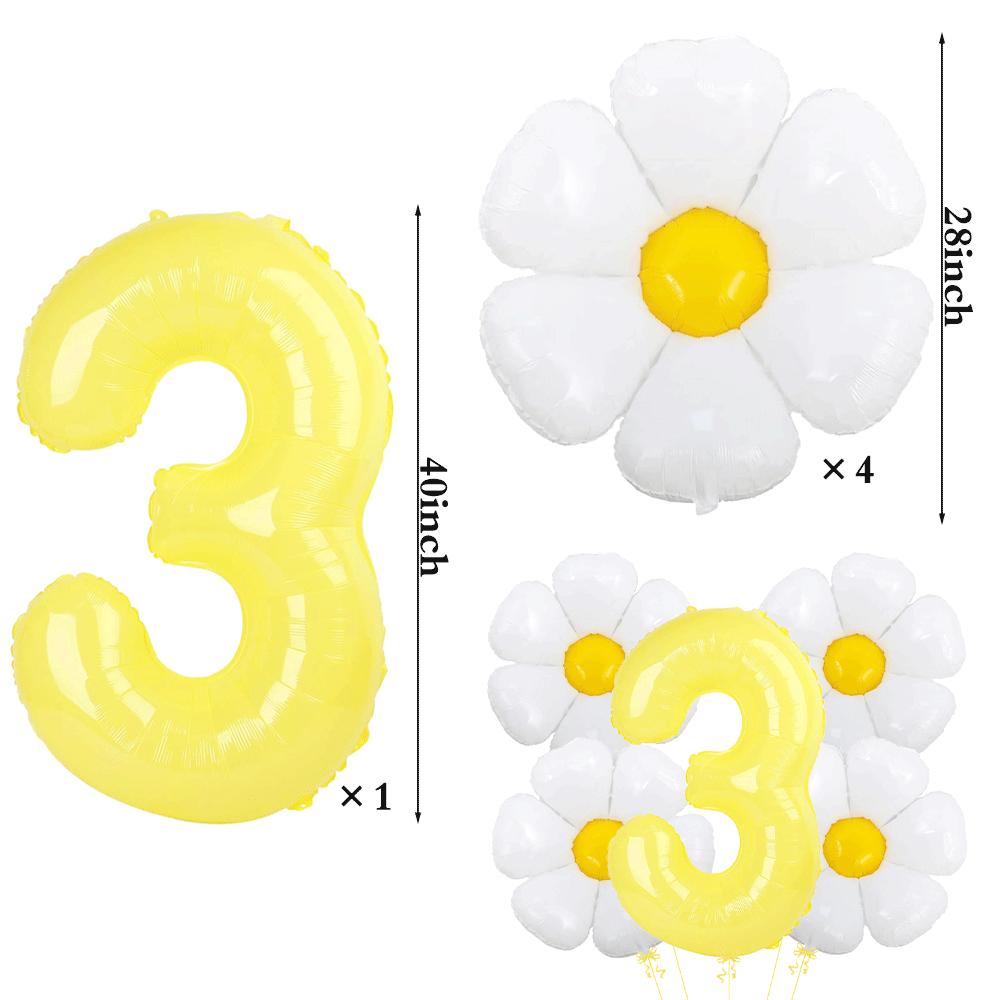 5pcs Set Daisy Foil Balloons Bouquet Yellow Number Balloon 0-9 Boho Girls Birthday Party Decorations Summer Sunshine Baby Shower