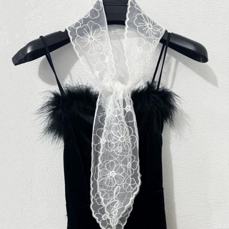 Y2K Women Narrow Long Scarf Solid Color Silk Black Bag Ribbon Headbands Choker Floral Lace Scarf