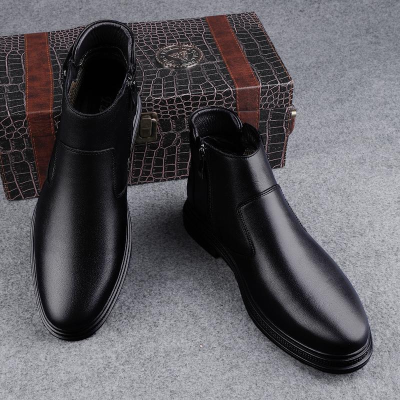 Ботильоны из натуральной кожи для мужчин, формальные мужские ботинки, теплая плюшевая меховая зимняя обувь, нескользящие ботинки для снега на платформе