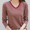 Striped V Neck T-shirt Casual Long Sleeve Top For Spring Fall Women's Clothing