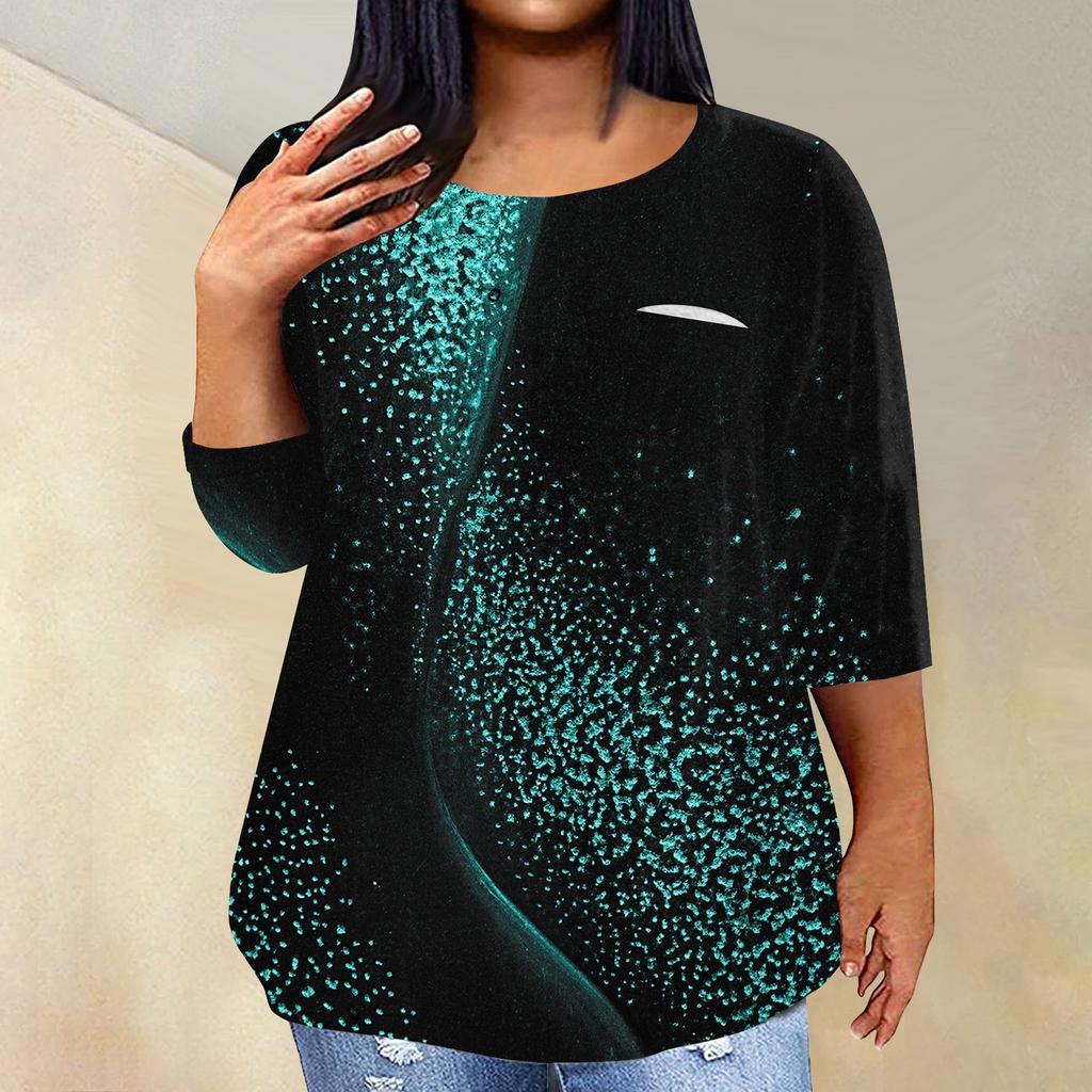 Women's Fashionable Casual Three Quarter Sleeve Printed Round Neck Pullover 4/3 Sleeve Top